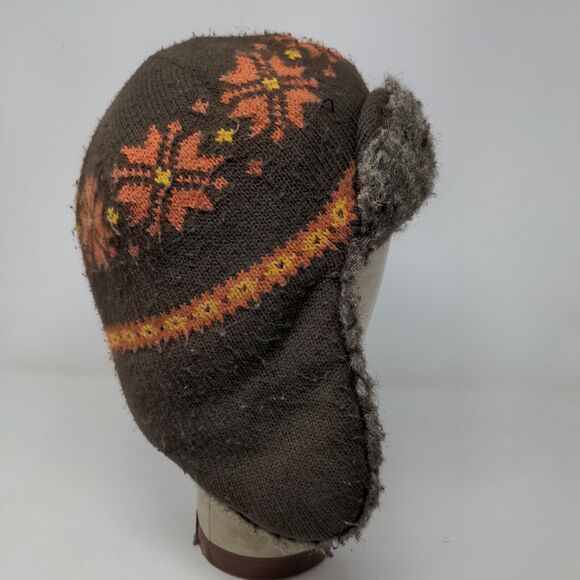Unbranded Men's Knit Trapper Hat Fair Isle Brown One Size Ear Flaps Vegan Fur - Picture 5 of 8